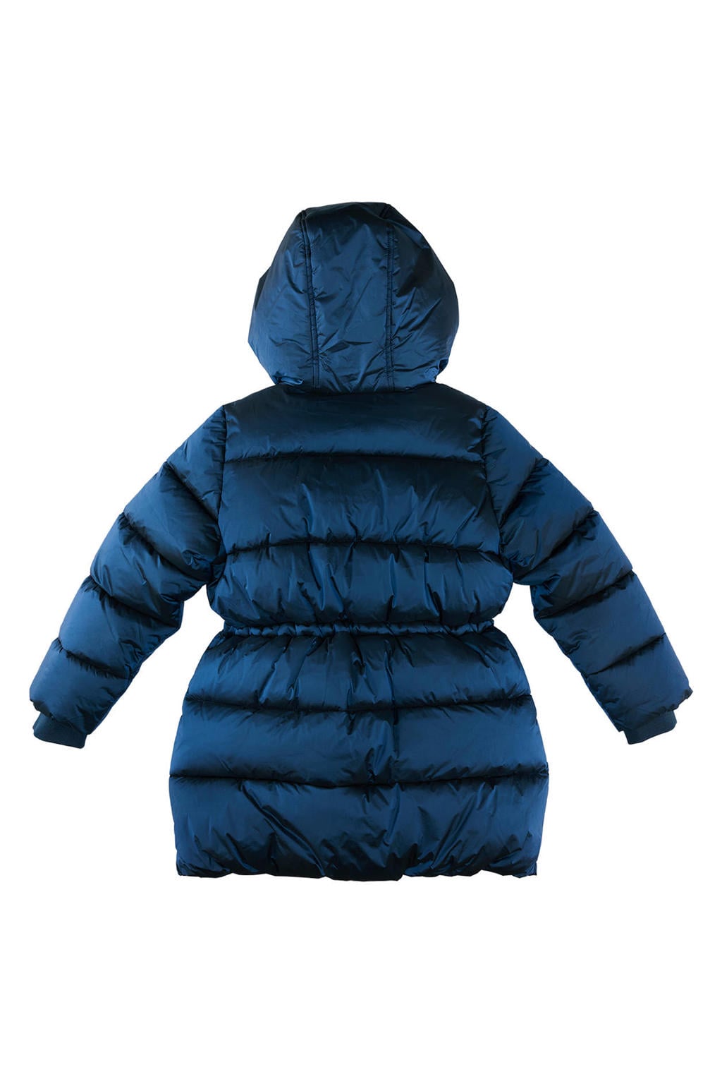Blauwe meisjes Z8 kids gewatteerde winterjas Honour van nylon met tekst print, lange mouwen, capuchon, ritssluiting en borduursels