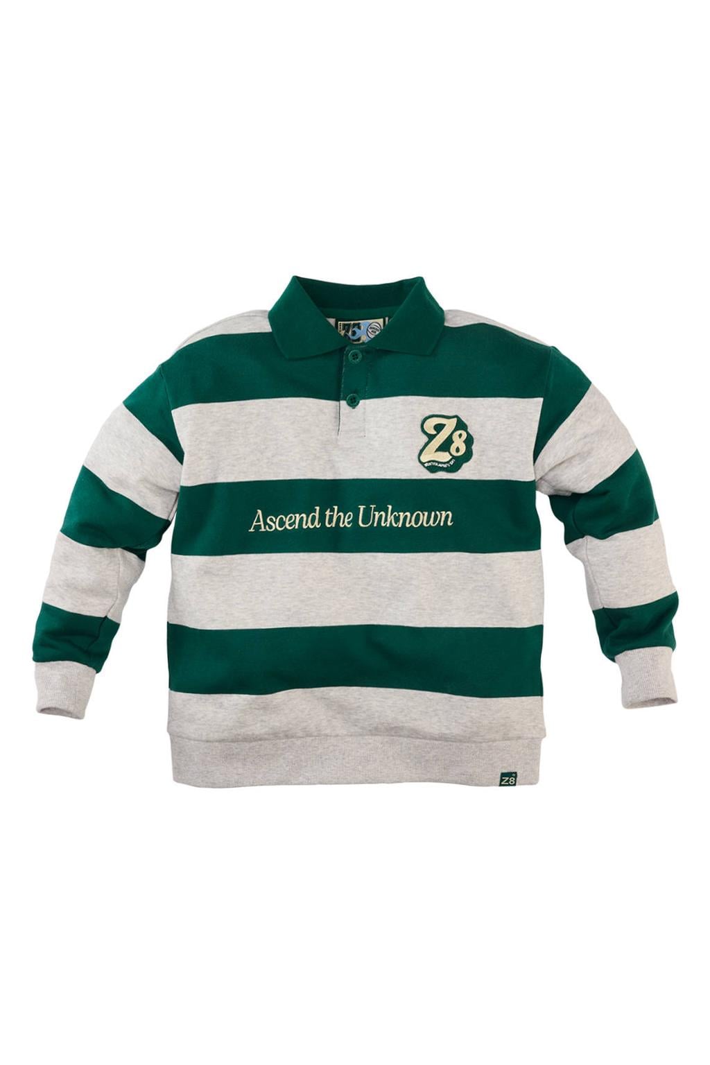 Groen en lichtgrijze jongens Z8 kids gestreepte sweater met lange mouwen, polo kraag en geribde boorden