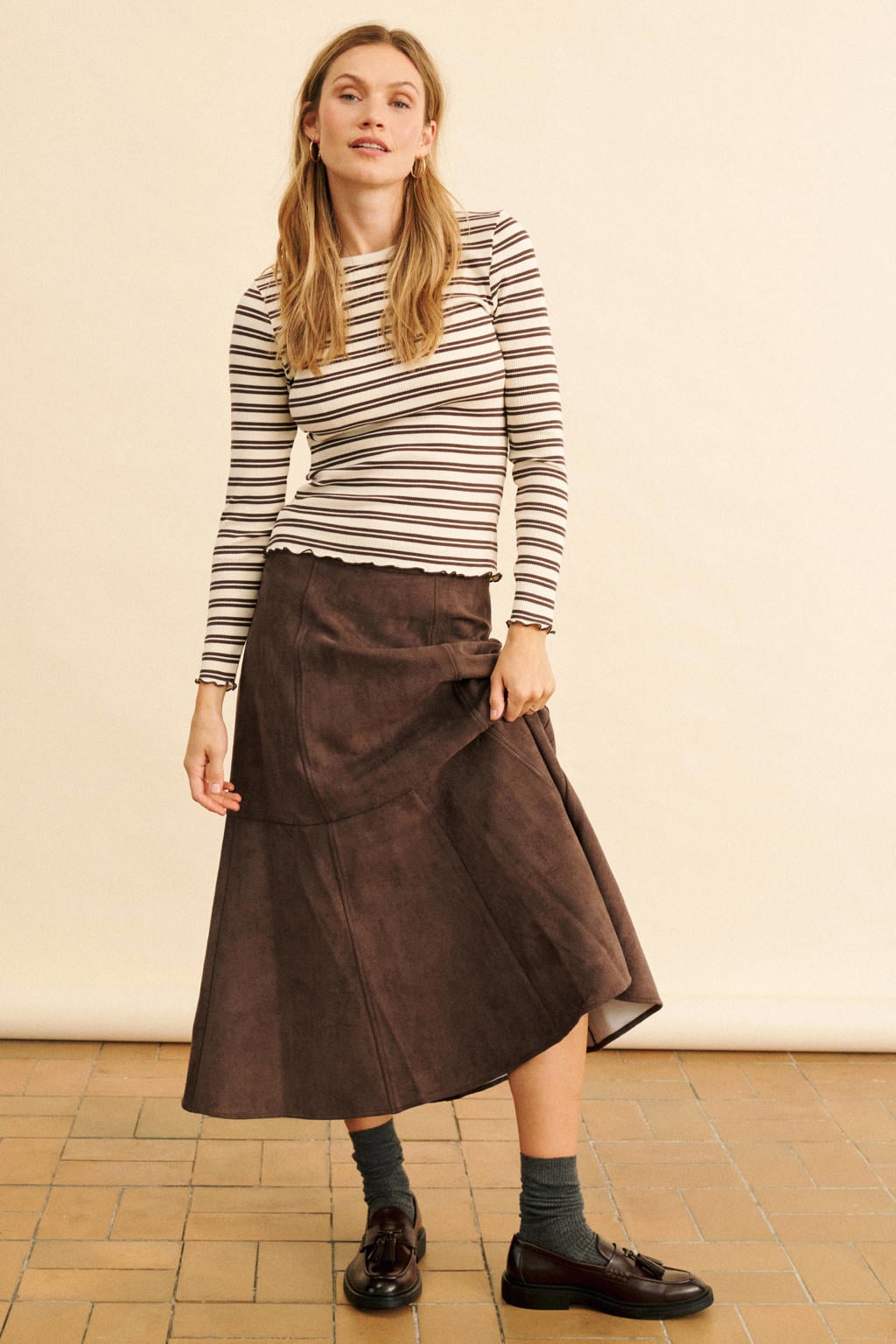 Saint Tropez gestreepte top met ruches - lichtgeel/bruin