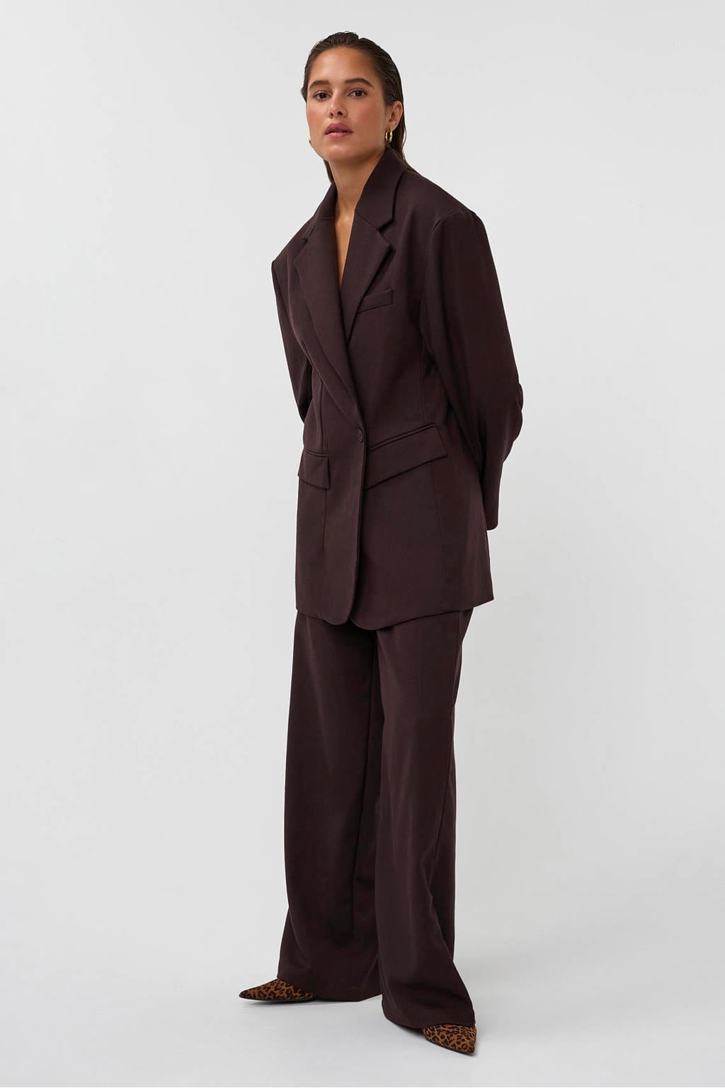 Donkerblauwe dames AMAYA Amsterdam wide leg broek met ritssluiting en effen