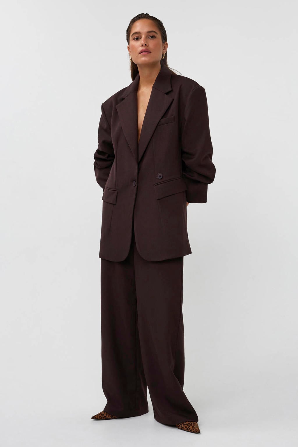 Donkerblauwe dames AMAYA Amsterdam oversized blazer van polyester met effen, lange mouwen, reverskraag en knoopsluiting