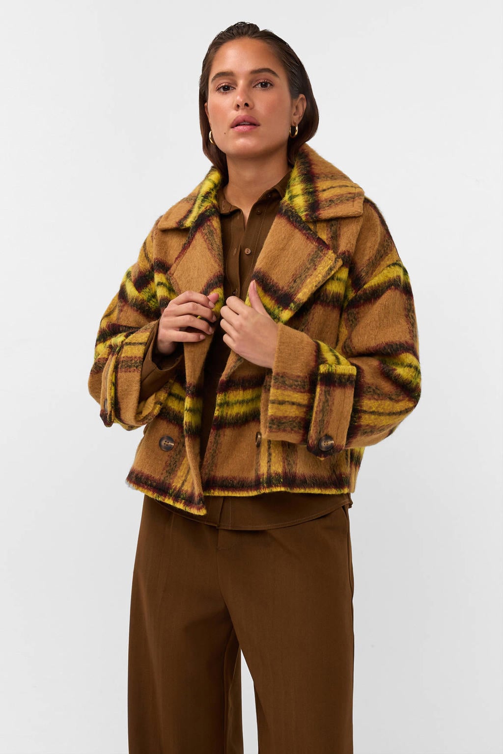 Multikleurige dames AMAYA Amsterdam geruite tussenjas meerkleurig van polyester met lange mouwen, reverskraag en double breasted sluiting