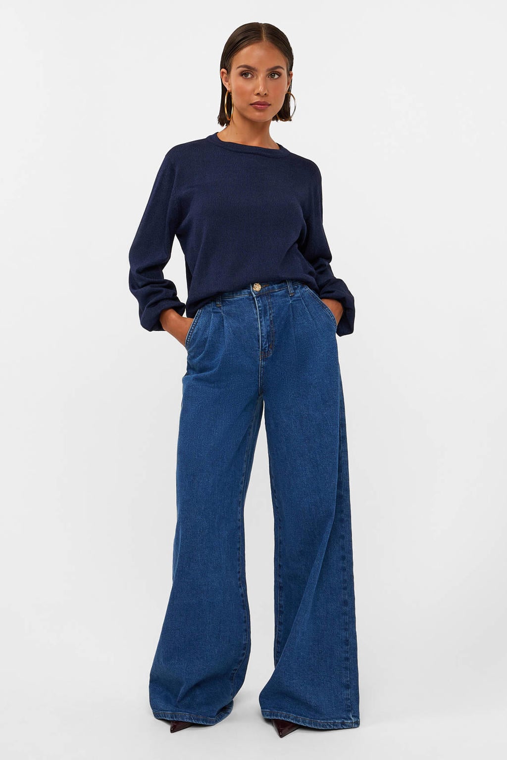 Donkerblauwe dames AMAYA Amsterdam pullover van viscose met effen, lange mouwen, ronde hals en lurex