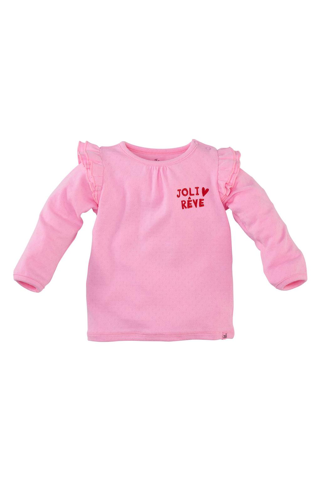 Lichtroze meisjes Z8 newborn longsleeve van stretchkatoen met tekst print, lange mouwen, ronde hals en ruches