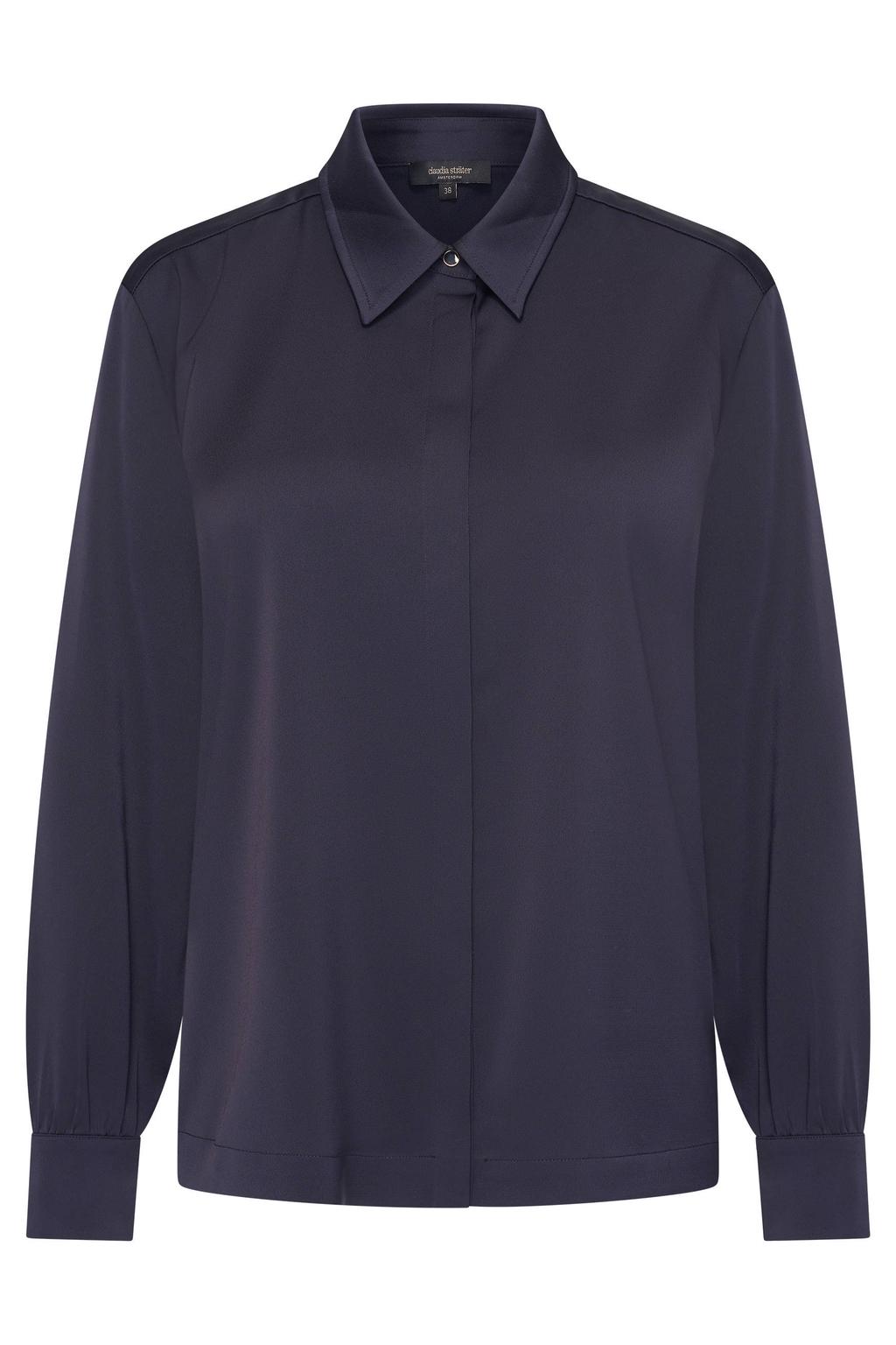 Blauwe dames CLAUDIA BY CLAUDIA STRÄTER satijnen blouse blauw met effen, lange mouwen en klassieke kraag