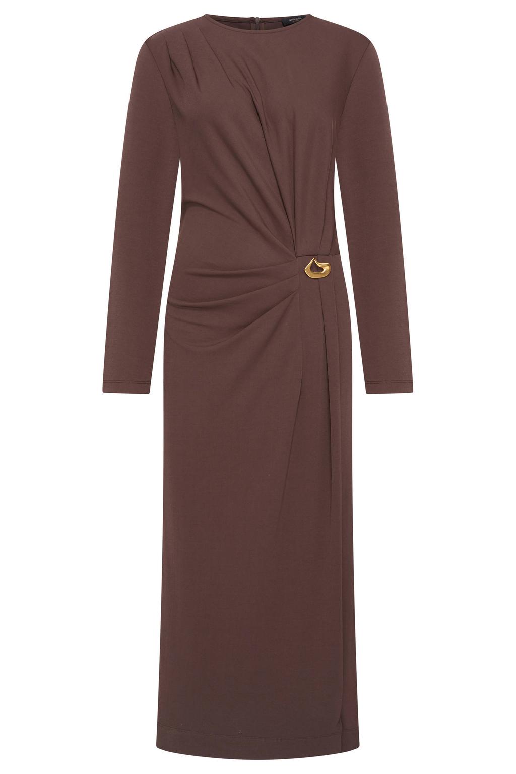 Bruine dames Claudia Sträter midi jurk van polyester met effen, lange mouwen, ronde hals, ritssluiting en knoopdetail