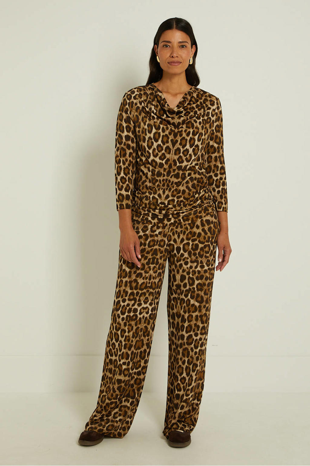 Claudia Sträter wide leg broek met panterprint - bruin