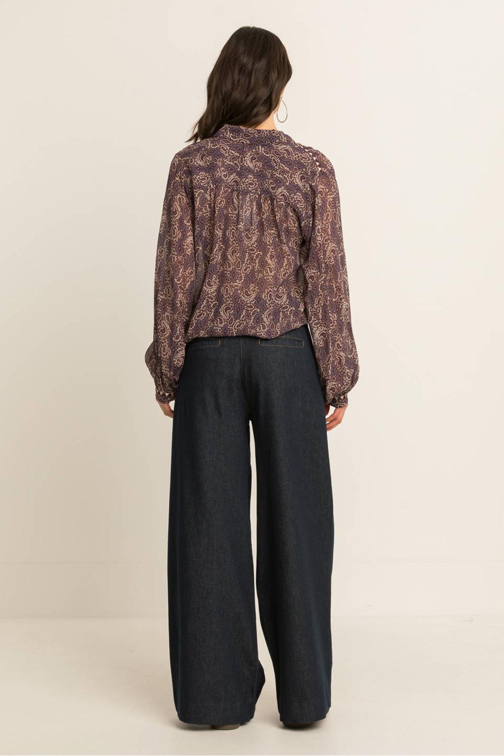 Paarse dames Expresso blouse van viscose met paisley print, lange mouwen, klassieke kraag en knoopsluiting