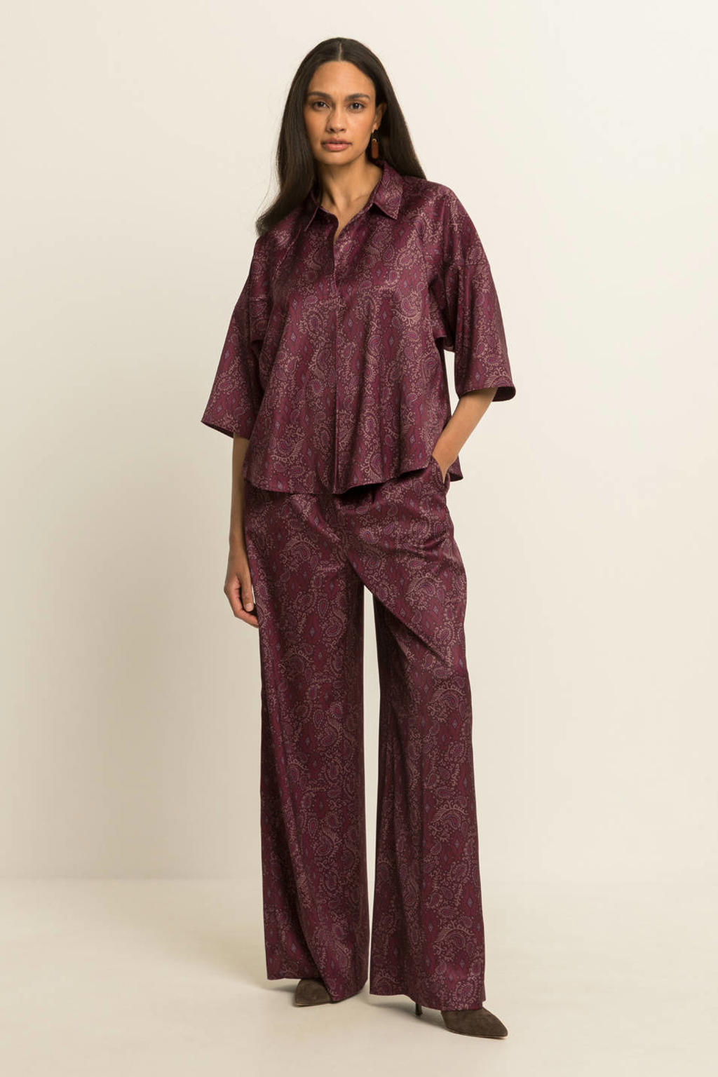 Expresso wide leg broek met paisley - donkerrood