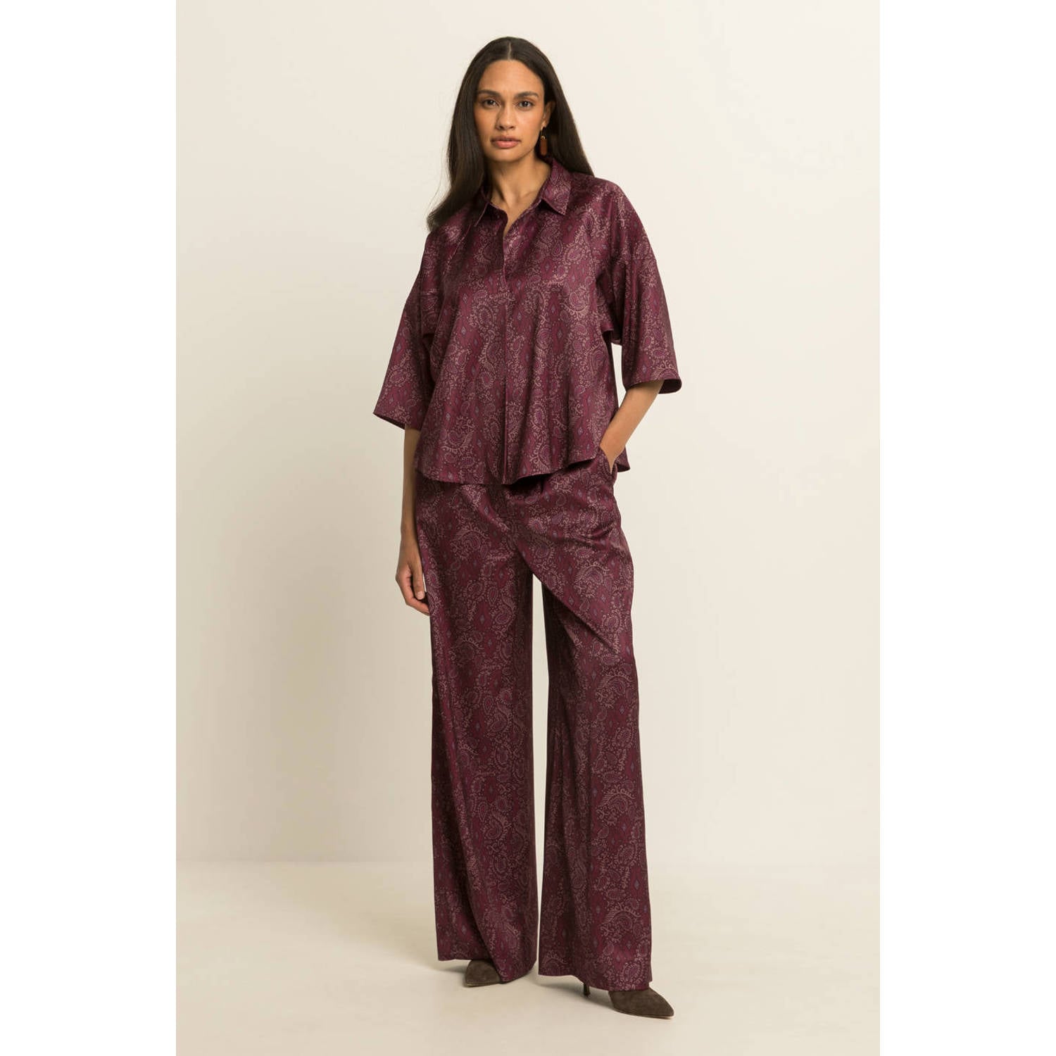 Expresso wide leg broek met paisley donkerrood