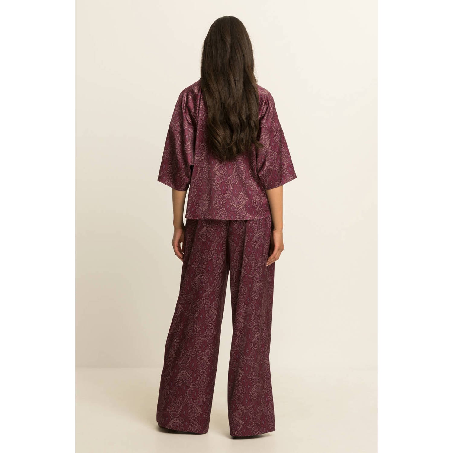 Expresso wide leg broek met paisley donkerrood