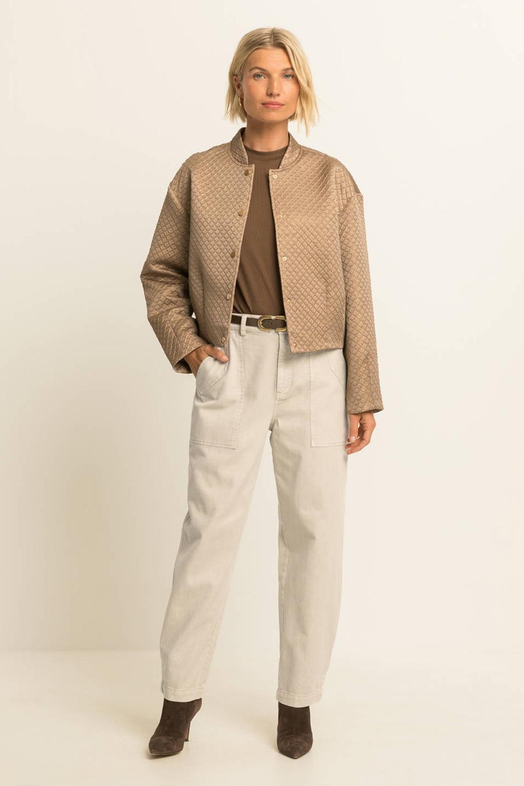 Beige dames Expresso barrel jeans van denim met high waist, rits- en knoopsluiting en effen