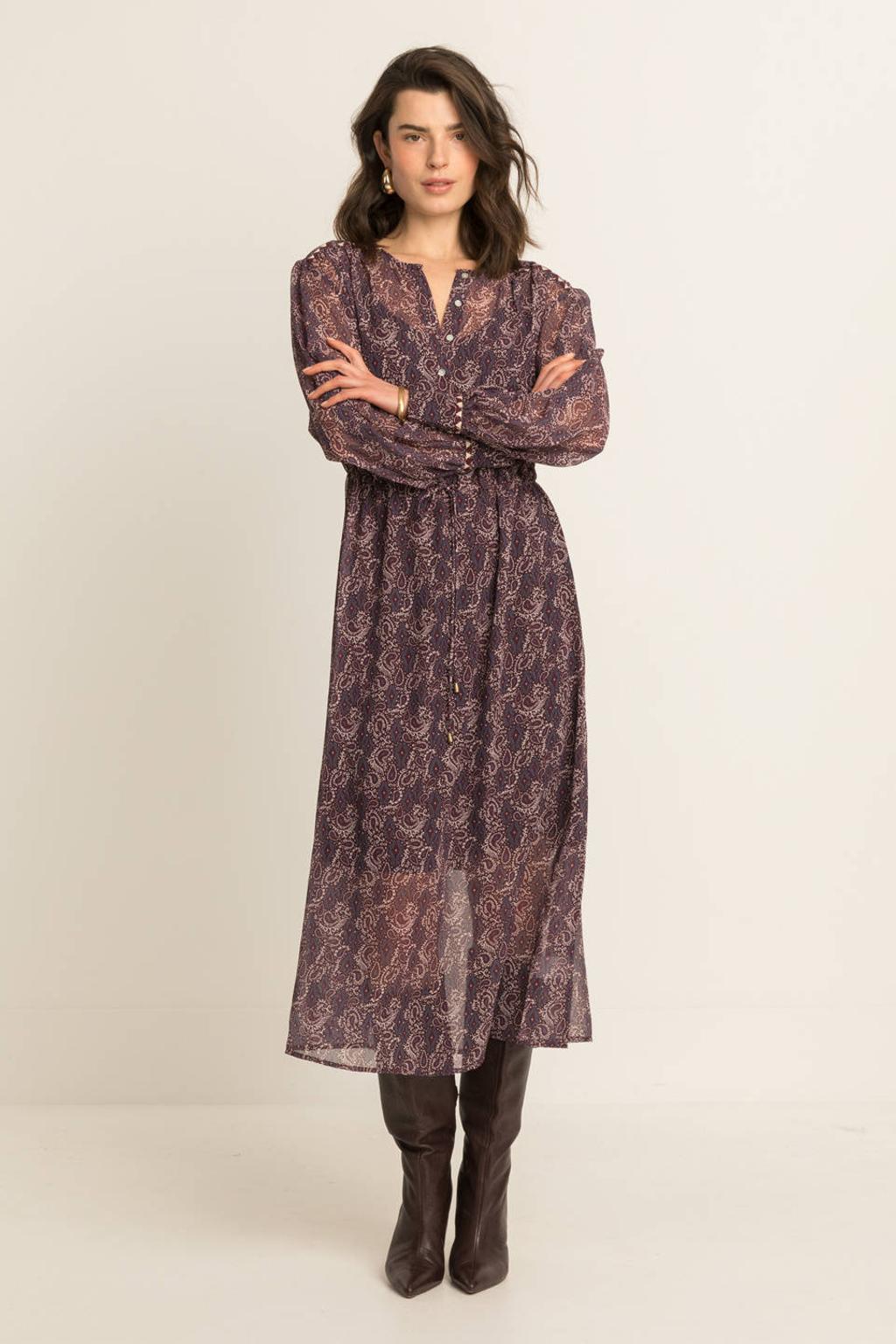 Multikleurige dames Expresso midi jurk meerkleurig van viscose met lange mouwen, ronde hals en knoopsluiting