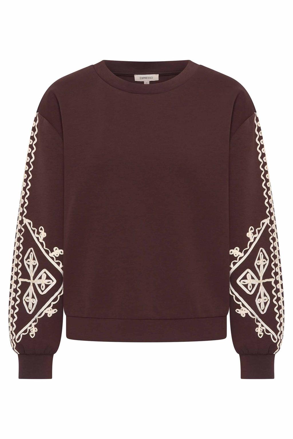 Donkerbruin en witte dames Expresso oversized sweater van polyester met effen, lange mouwen, ronde hals en borduursels