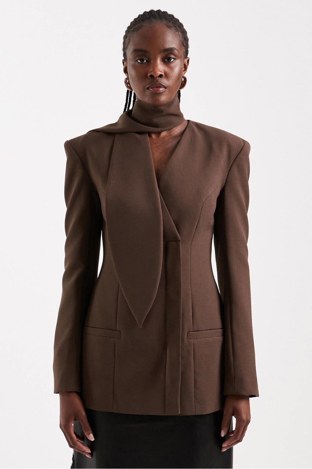 Donkerblauwe dames TOPSHOP getailleerde blazer van polyester met effen, lange mouwen, reverskraag, knoopsluiting en schoudervulling
