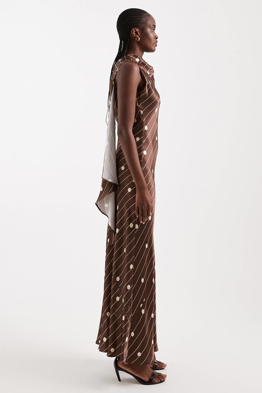 Donkerblauwe dames TOPSHOP gestreepte maxi jurk van viscose met stippenprint, watervalhals en geweven detail