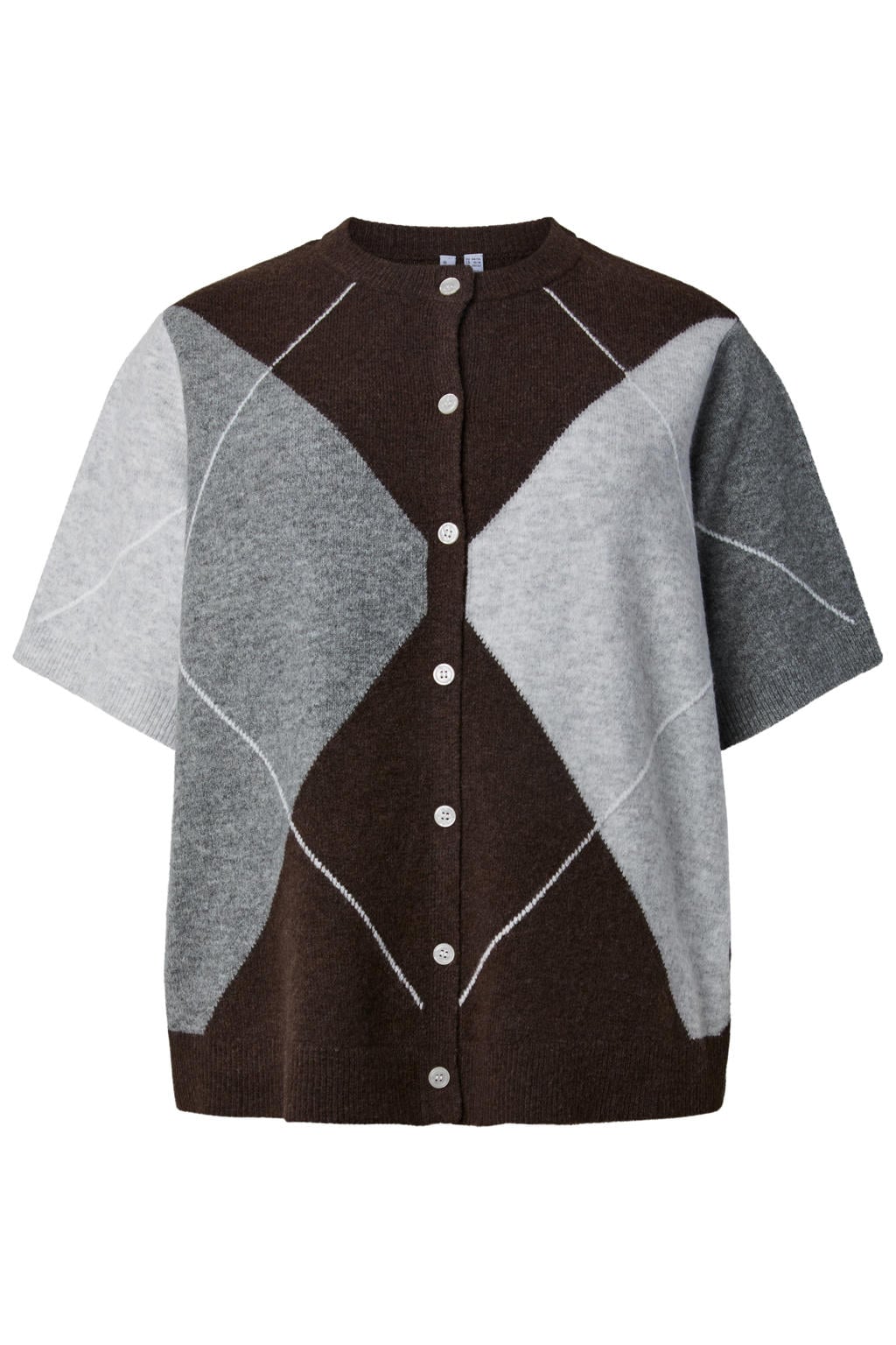 Donkerbruin en grijze dames PIECES Curve gebreide geruite vest Plus Size met korte mouwen en knoopsluiting