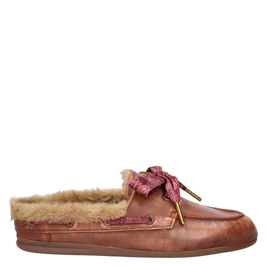 Cognackleurige dames Nelson leren bootschoenen - met veters