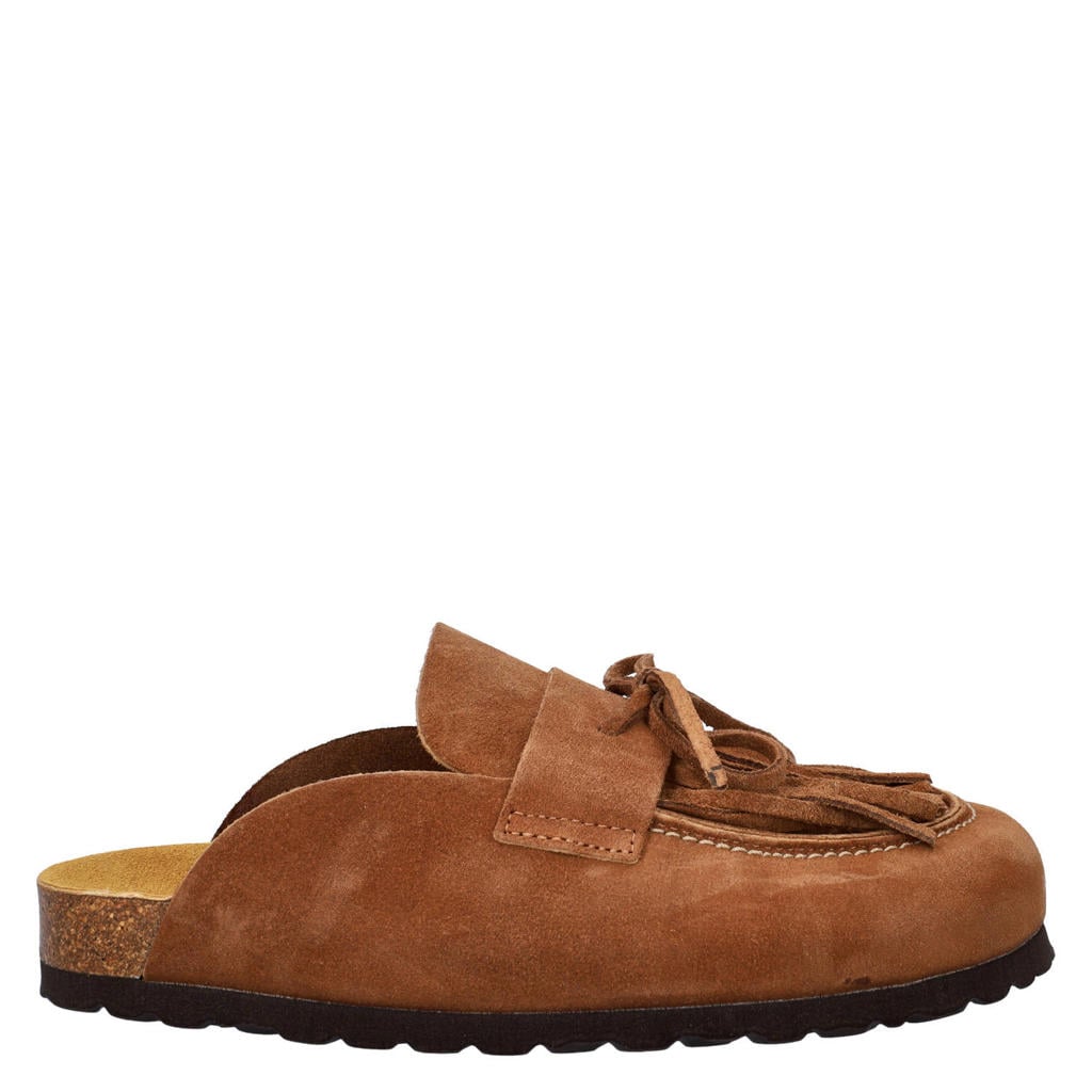 Cognackleurige dames Nelson suède clogs met franjes -