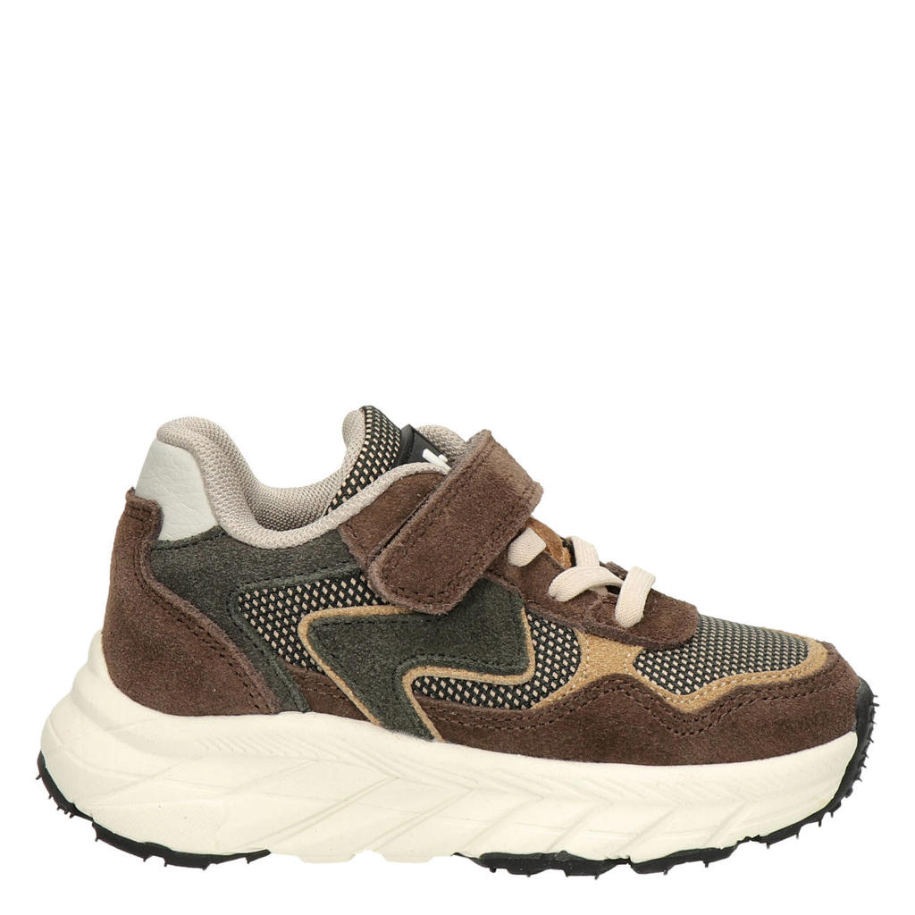 Bruine jongens Nelson Kids chunky suède sneakers - met elastische veter- met klittenbandsluiting