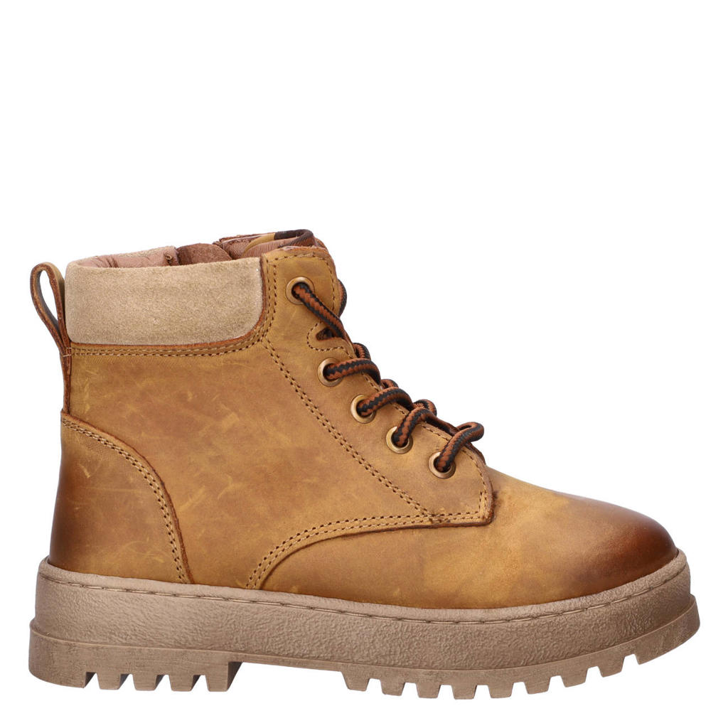 Cognackleurige jongens Nelson Kids leren enkelboots met profielzool -