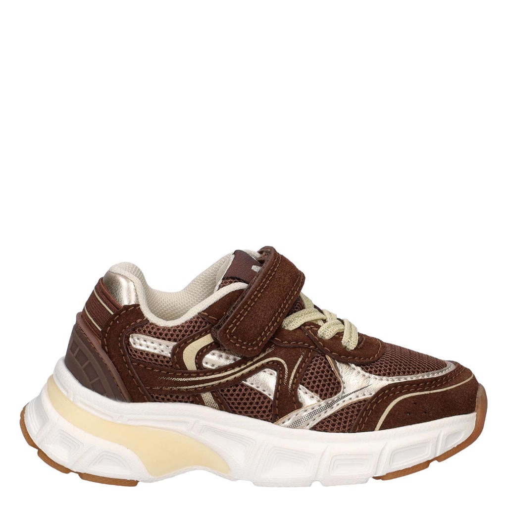 Bruine meisjes Nelson Kids chunky suède sneakers - met elastische veter- met klittenbandsluiting