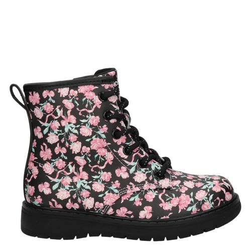 Skechers gebloemde enkelboots met profielzool zwart/roze – Zwart /roze