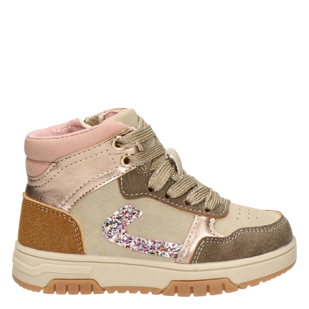 Beige meisjes Nelson Kids sneakers - van imitatieleer met rits- en vetersluiting