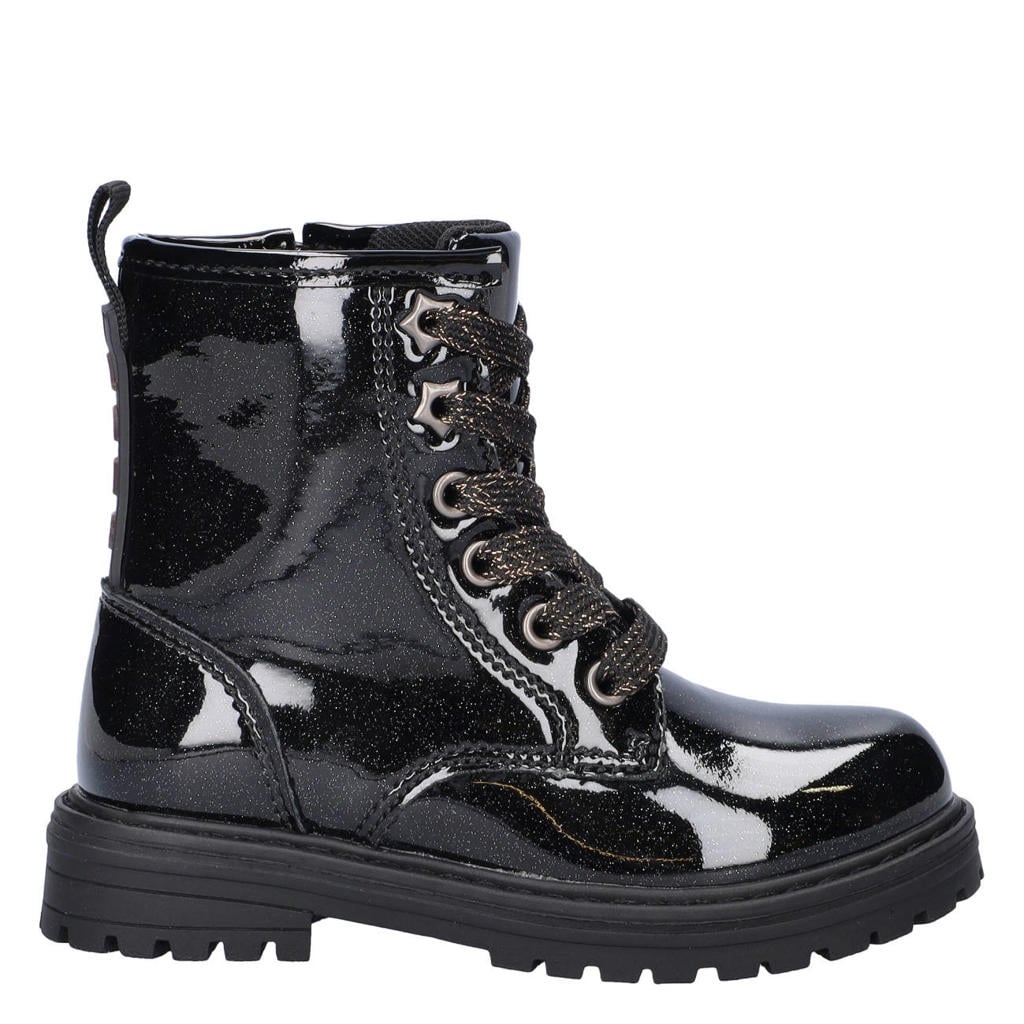 Nelson Kids lakleren enkelboots met profielzool en glitters - zwart