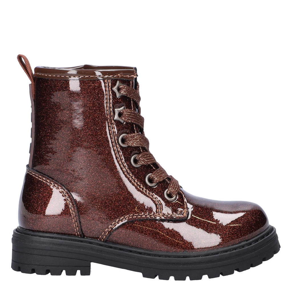 Nelson Kids lakleren enkelboots met glitters en profielzool - bruin