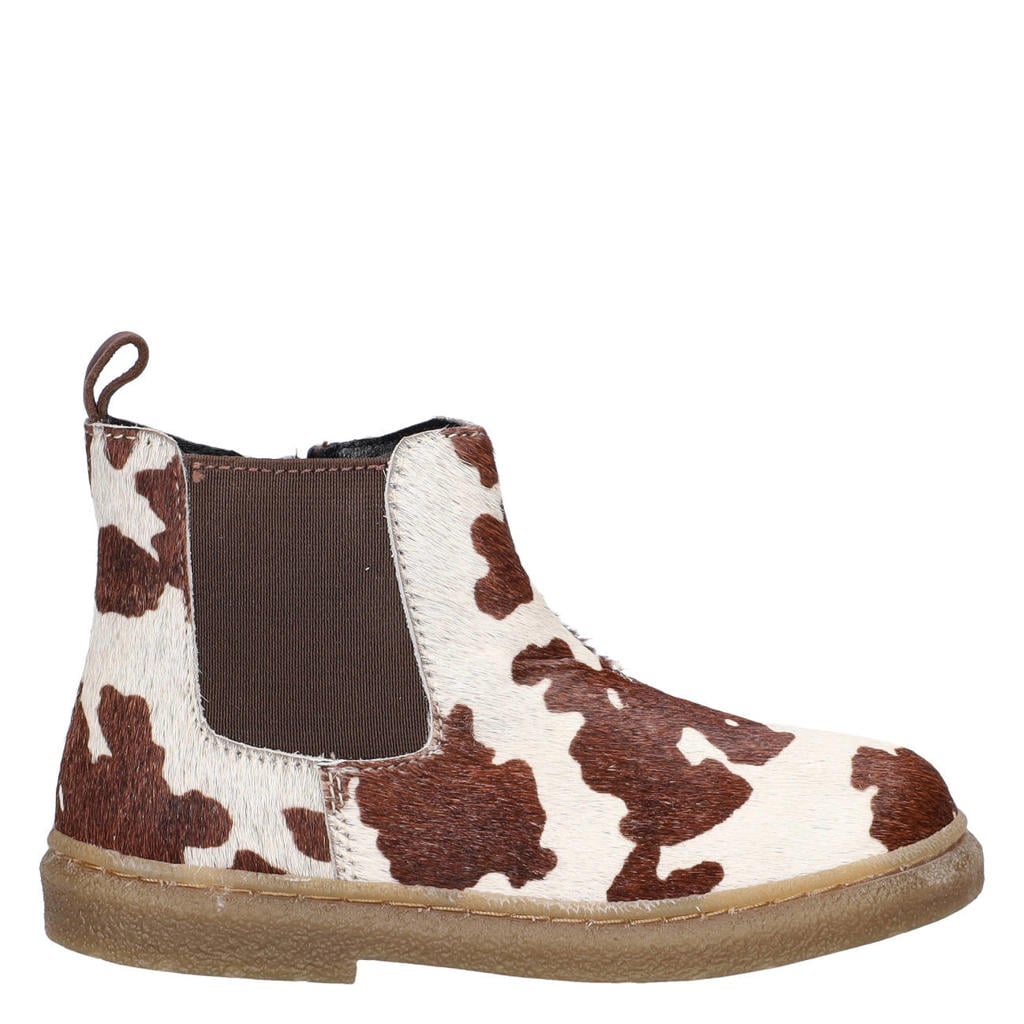 Ecru en bruine meisjes Nelson Kids enkelboots - van leer met ponyhair met ritssluiting en koeienprint