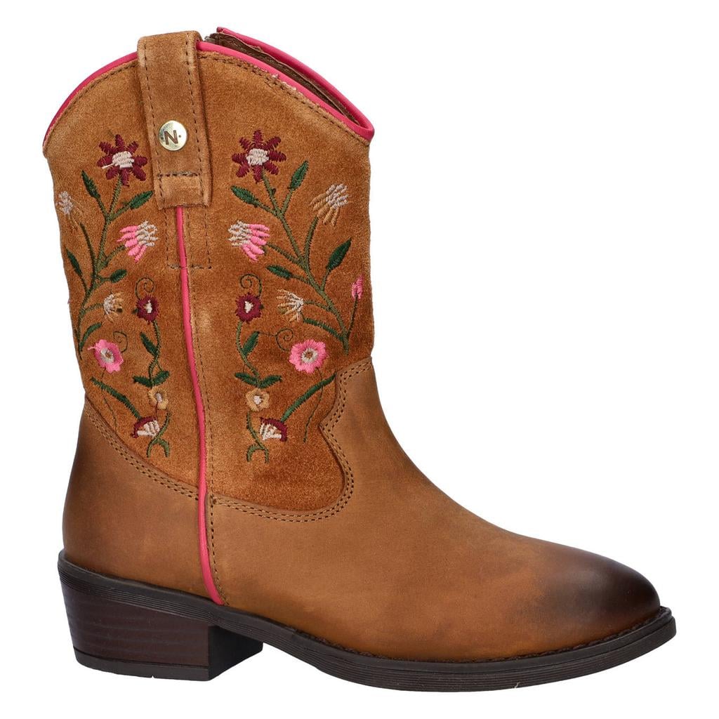 Cognackleurige meisjes Nelson Kids western leren laarzen met borduursels - met ritssluiting