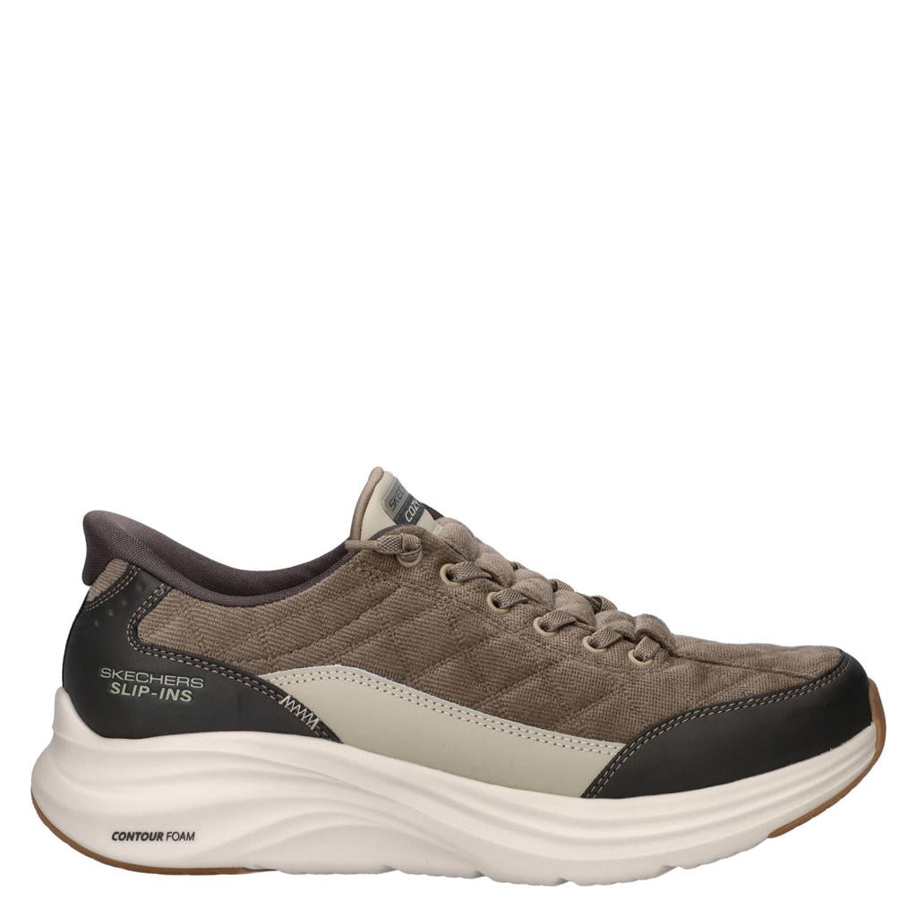 Kakikleurige heren Skechers Hands Free Slip-ins Contour Foam Cozy Fit sneakers - van textiel met elastische veters