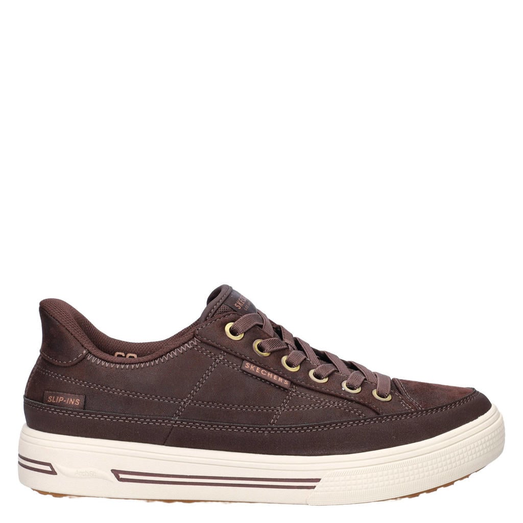Bruine heren Skechers Hands Free Slip-In Arch Fit Arcade suède sneakers - van nubuck met elastische veters