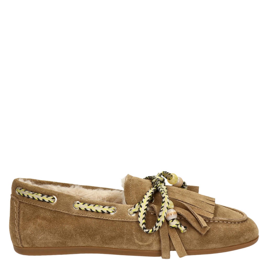 Taupe dames Nelson suède mocassins met franjes -