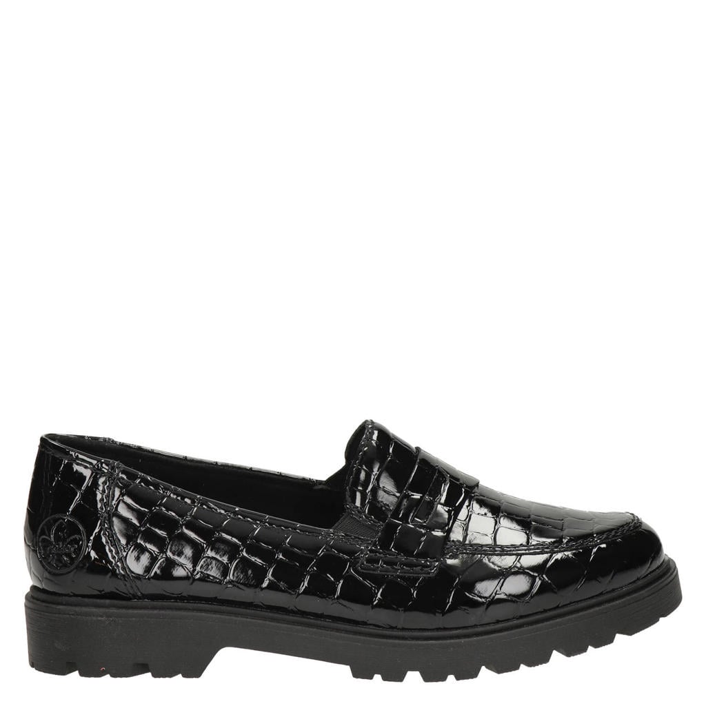 Zwarte dames Rieker lakleren loafers met profielzool en -