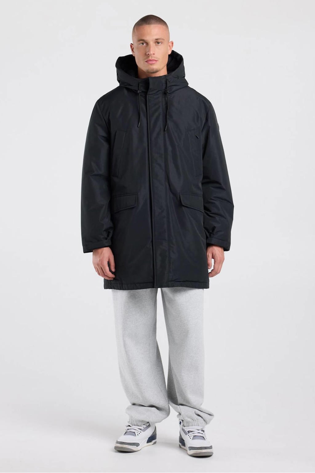 Zwarte heren America Today regenjas van polyester met effen, capuchon, rits- en drukknoopsluiting en tunnelkoord