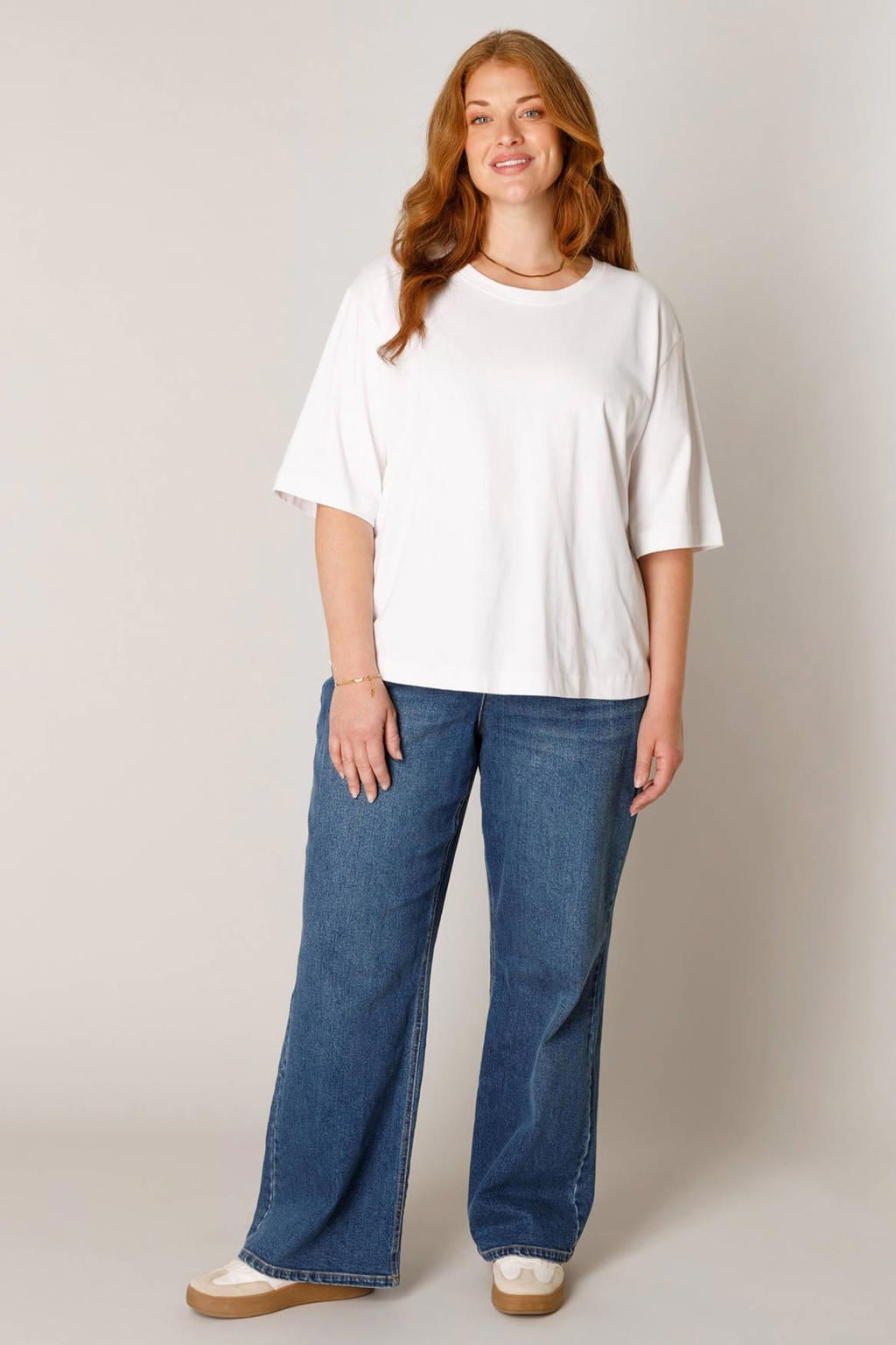 Witte dames Base Level Curvy T-shirt Plus Size van katoen met effen en driekwart mouwen