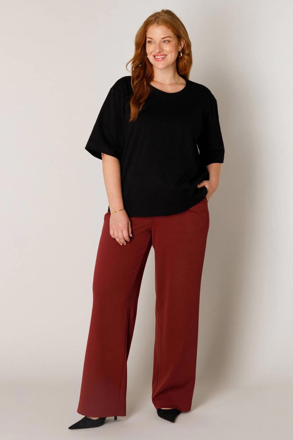 Zwarte dames Base Level Curvy T-shirt Plus Size van katoen met effen en driekwart mouwen