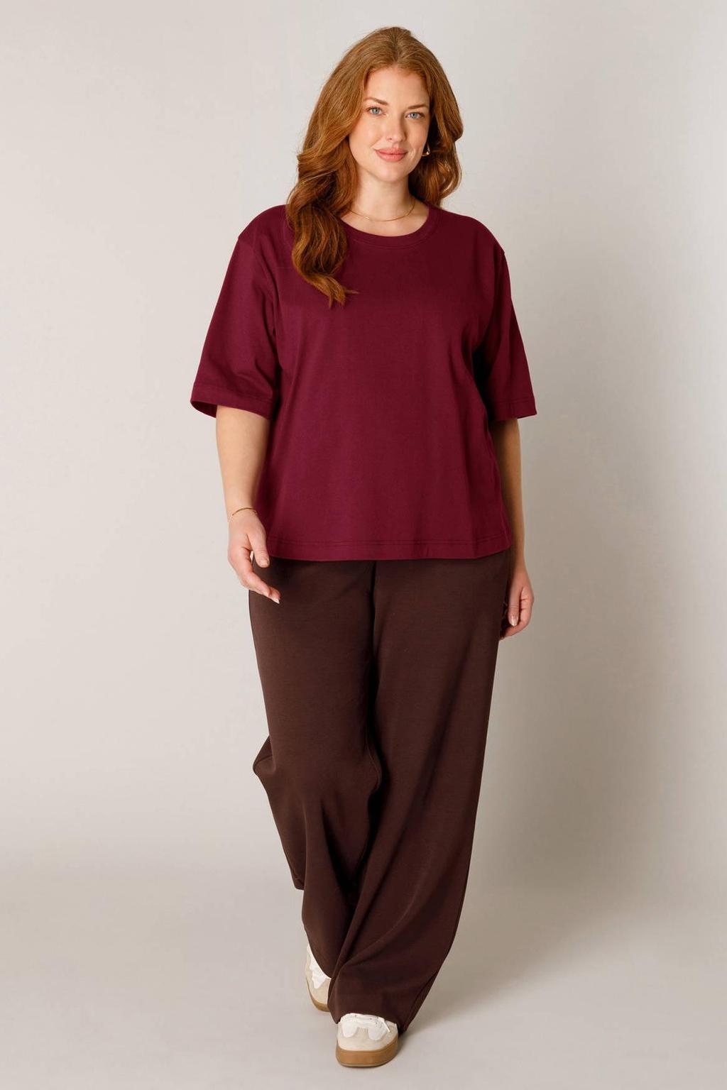 Donkerrode dames Base Level Curvy T-shirt Plus Size van katoen met effen en driekwart mouwen