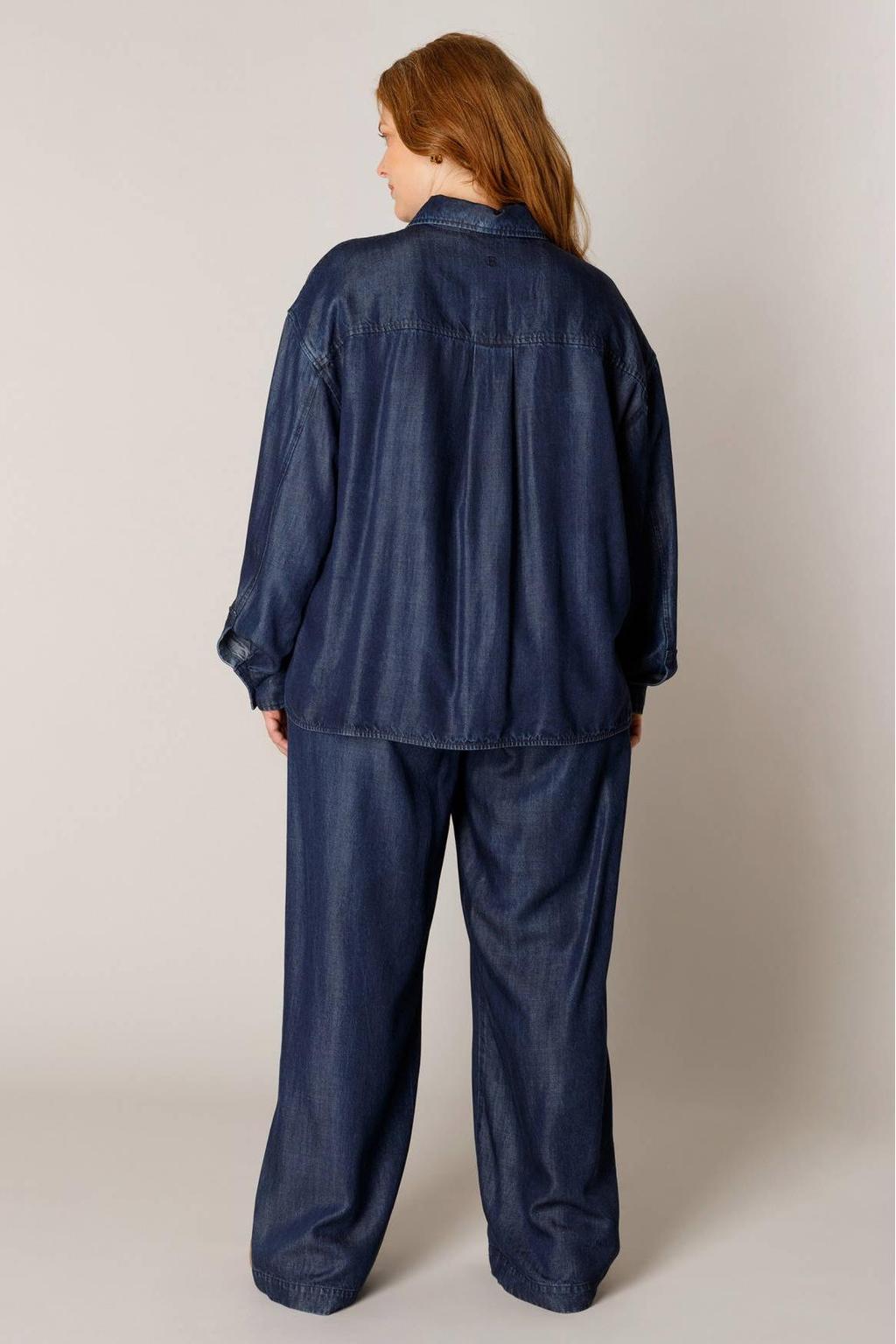 Dark blue denim dames Base Level Curvy Plus Size blouse van lyocell met effen, lange mouwen, klassieke kraag en knoopsluiting