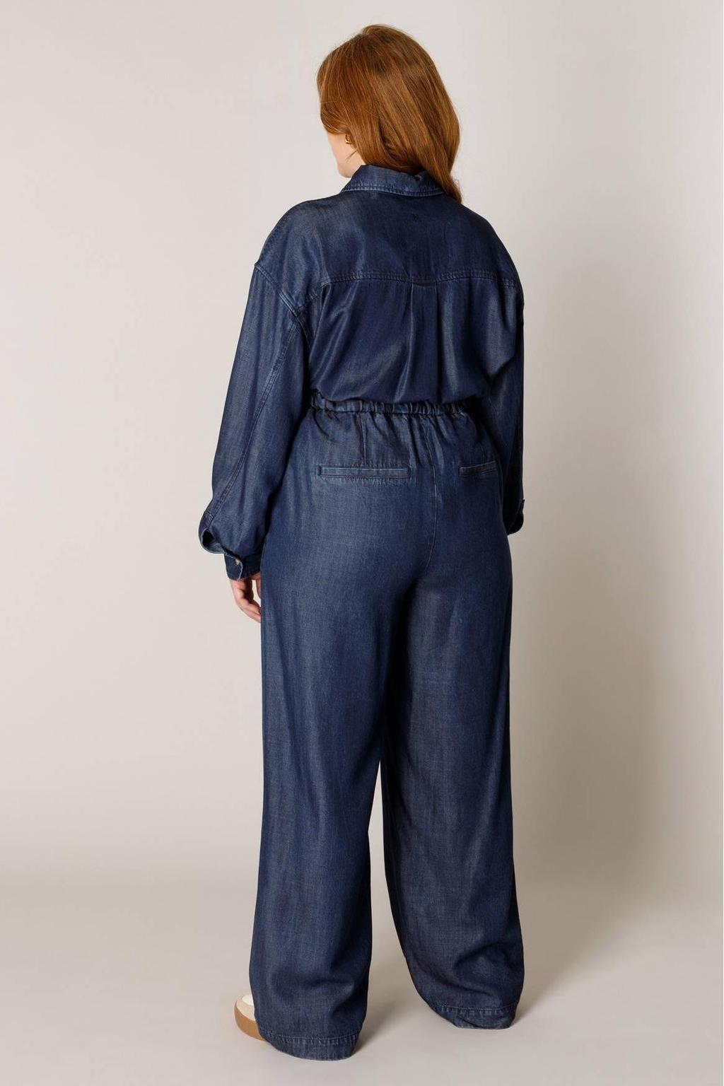 Dark blue denim dames Base Level Curvy wide leg broek Plus Size van lyocell met elastische tailleband met koord en effen