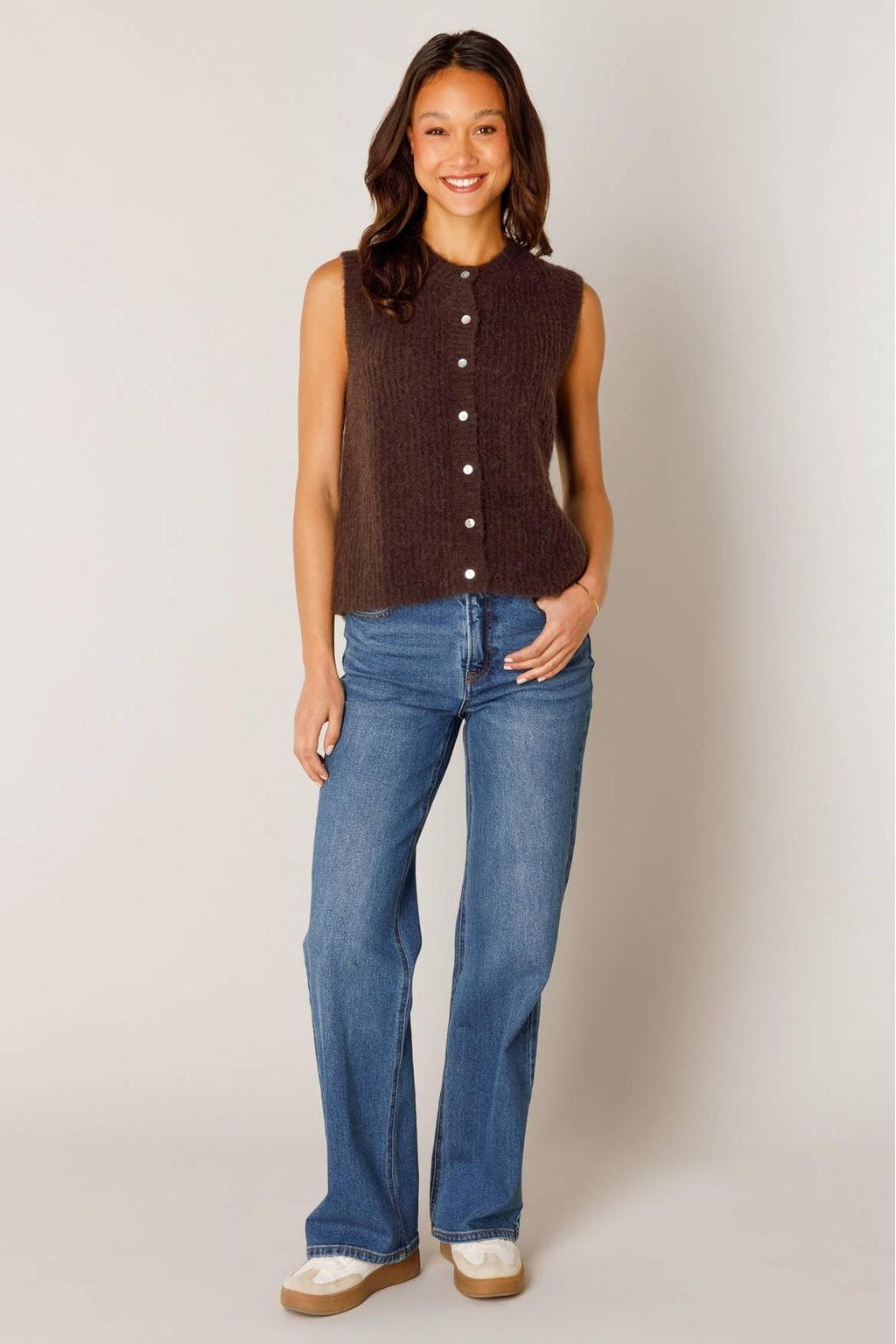 Bruine dames Base Level top van nylon met effen en ronde hals