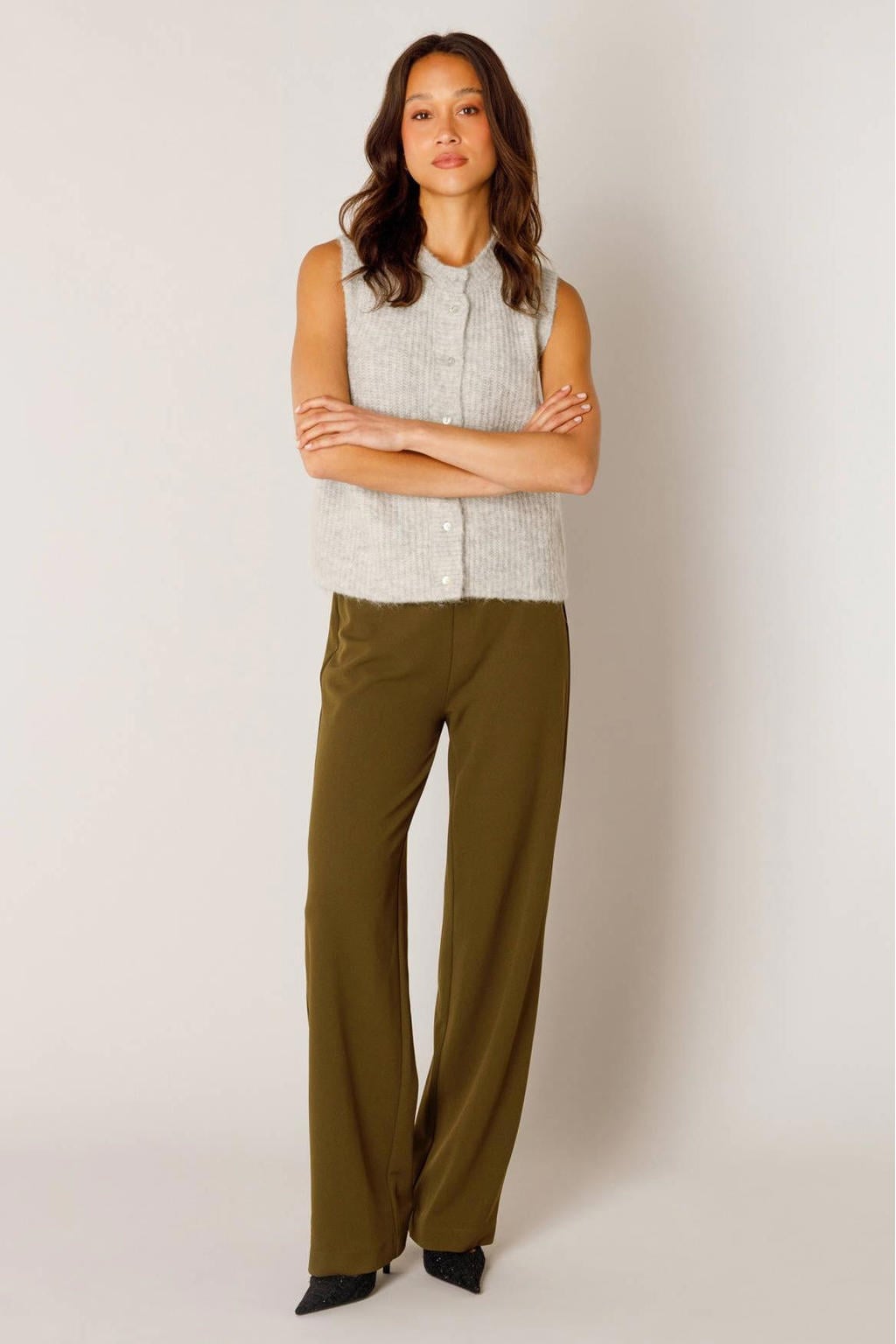 Lichtgrijze dames Base Level top van nylon met effen en ronde hals