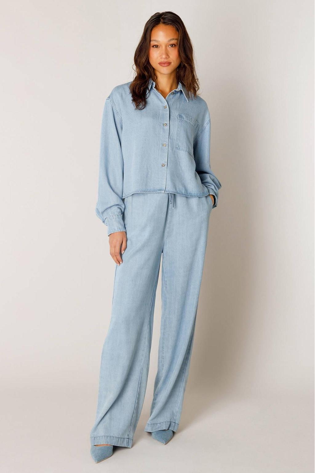 Light blue denim dames Base Level blouse van denim met effen, lange mouwen, klassieke kraag en knoopsluiting