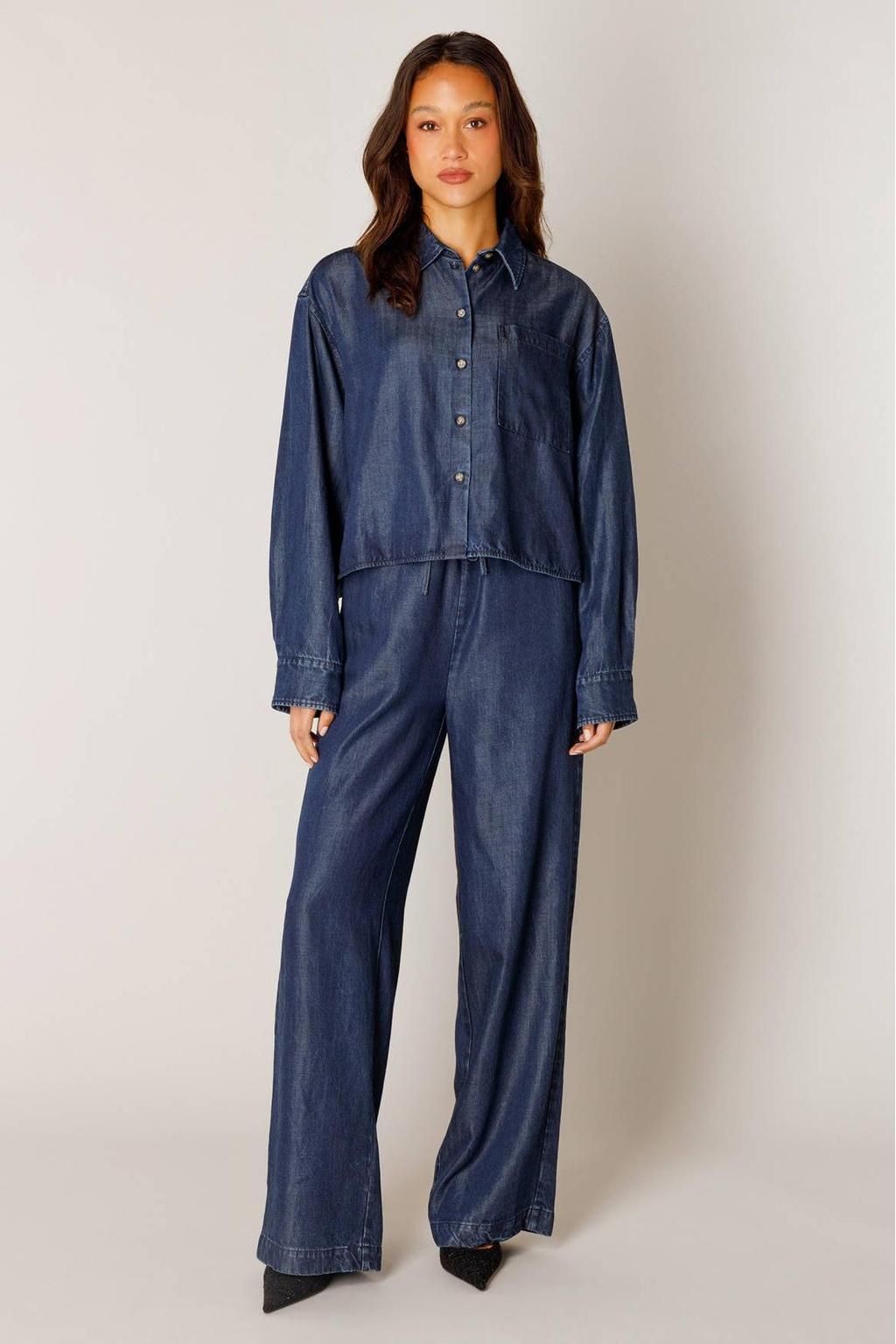 Dark blue denim dames Base Level blouse van denim met effen, lange mouwen, klassieke kraag en knoopsluiting