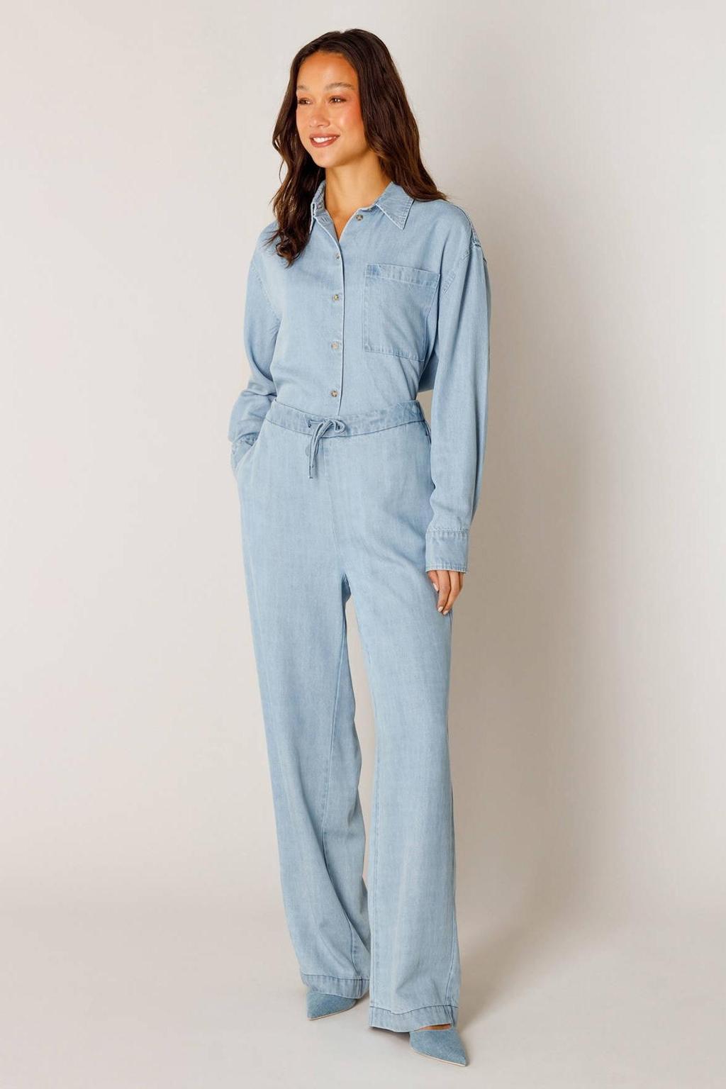 Light blue denim dames Base Level straight leg broek van lyocell met elastische tailleband met koord en effen