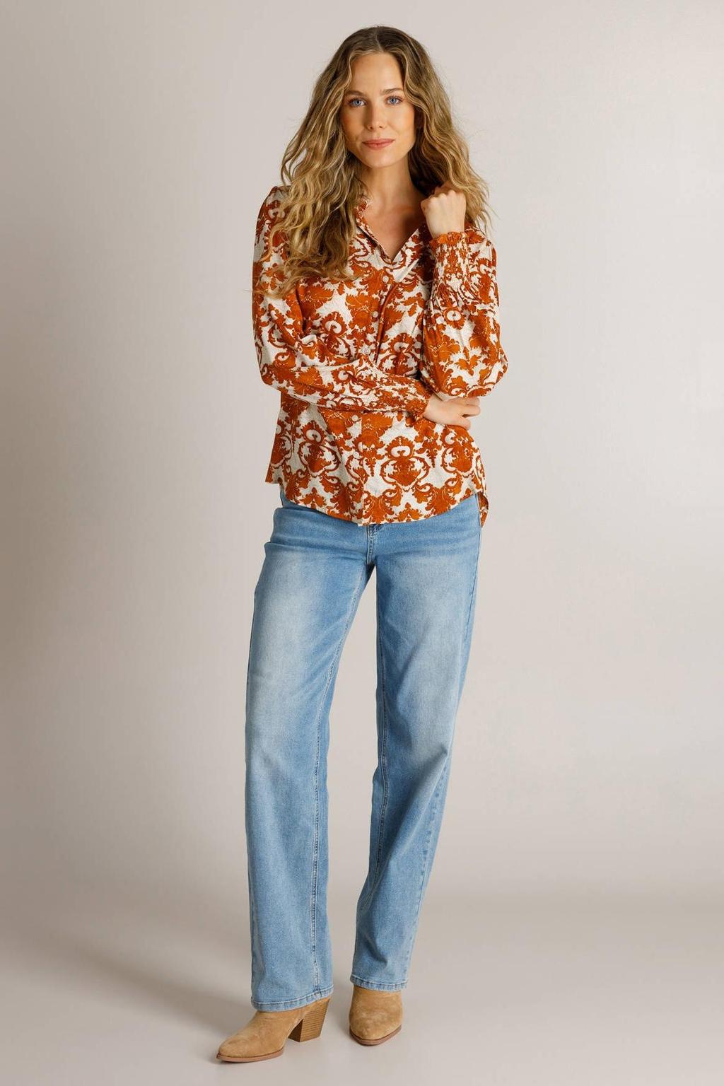 Cognac en ecru dames Ivy Beau blouse van viscose met lange mouwen, klassieke kraag en knoopsluiting