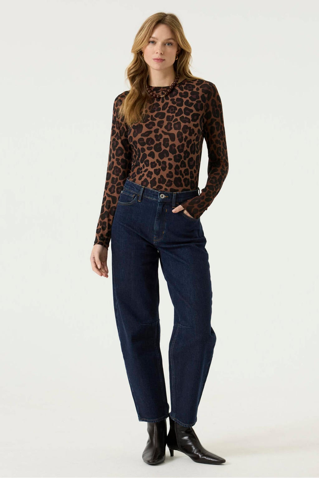 Bruine dames Garcia top van polyester met dierenprint, lange mouwen, ronde hals en mesh