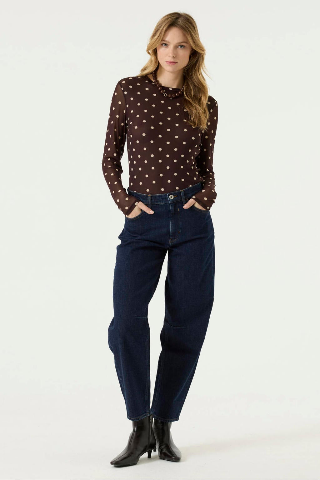 Bruine dames Garcia top van polyester met stippenprint, lange mouwen, ronde hals en mesh